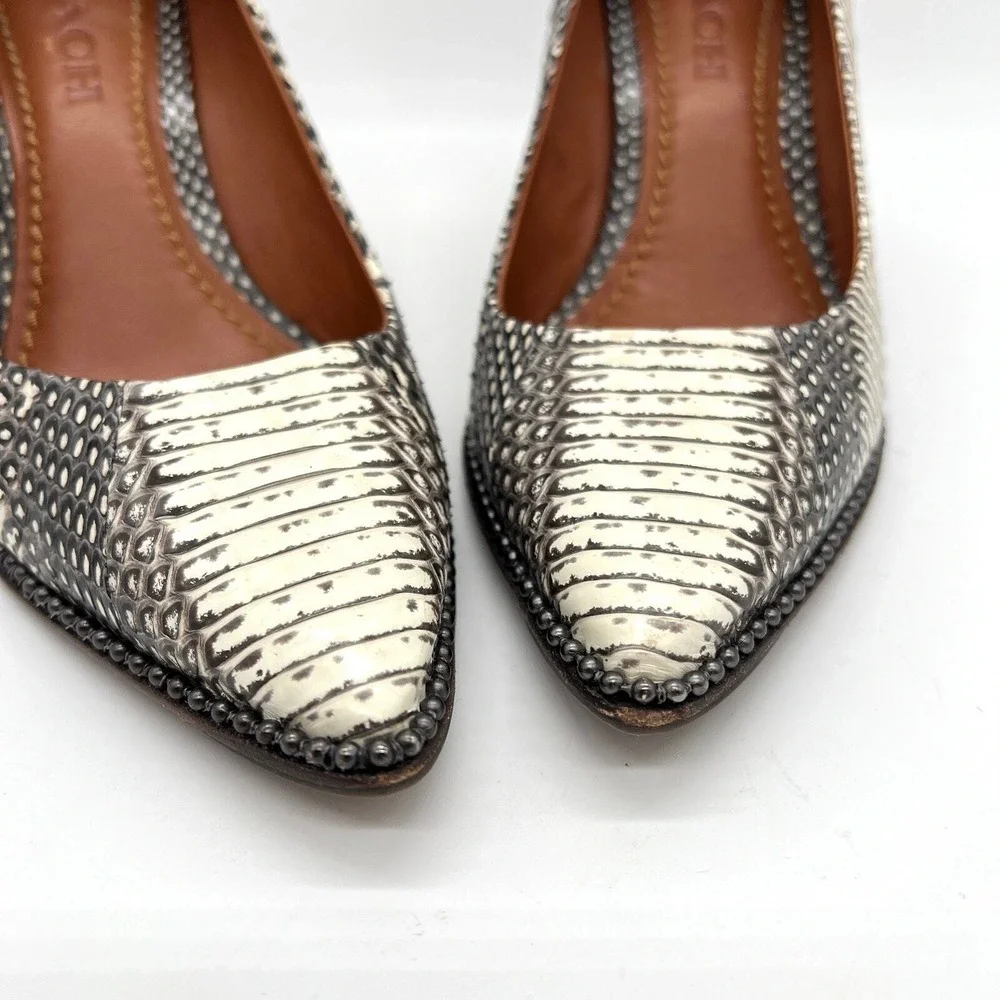 COACH Pumps Women 6 Black White Snakeskin Print Stiletto Pointed Toe Beadchain